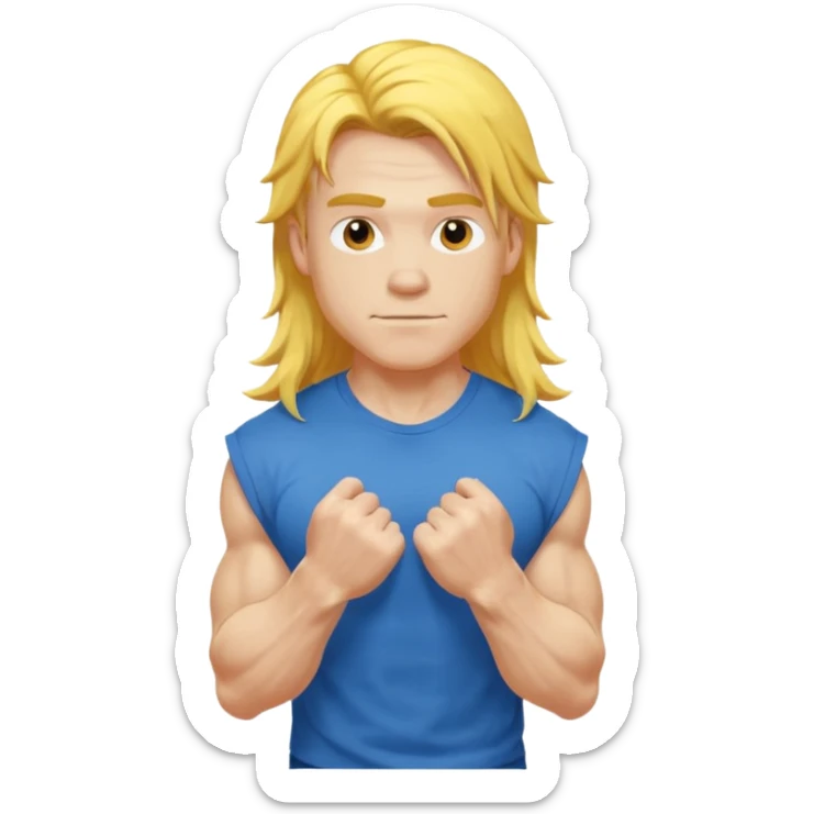 young guy with biceps fkexing, long yellow hair, blue t-shirt sticker