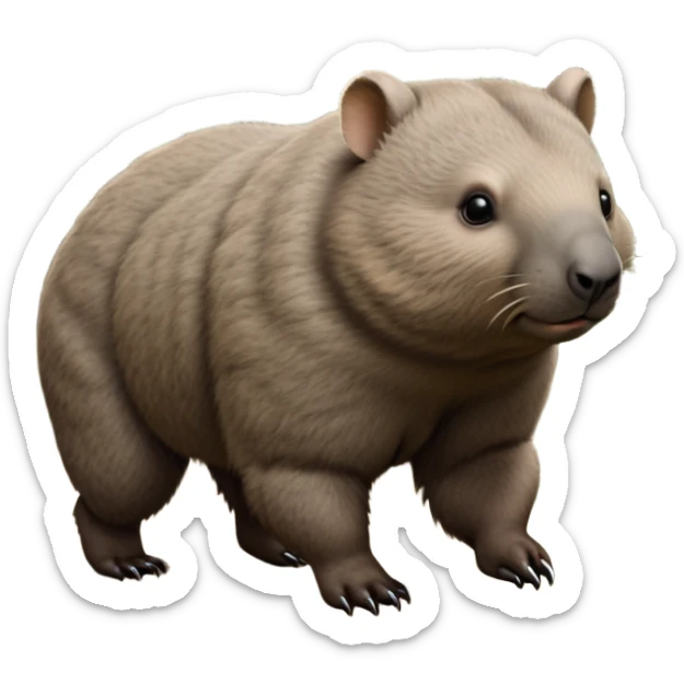 cinematic-stout wombat-realistic-fluffy full-body-waddling-emoji,-stout-muscular-frame-covered-in-coarse-brown-fur,-short-powerful-legs-trotting-determinedly-through-bushland,-round-dark-eyes-filled-with-calm-confidence,-tiny-rounded-ears-twitching-slightly,-strong-digging-claws-visible-on-sturdy-paws,-simplified-yet-realistic-focused-features,-highly-detailed,-glowing-with-a-subtle-earthy-glow sticker