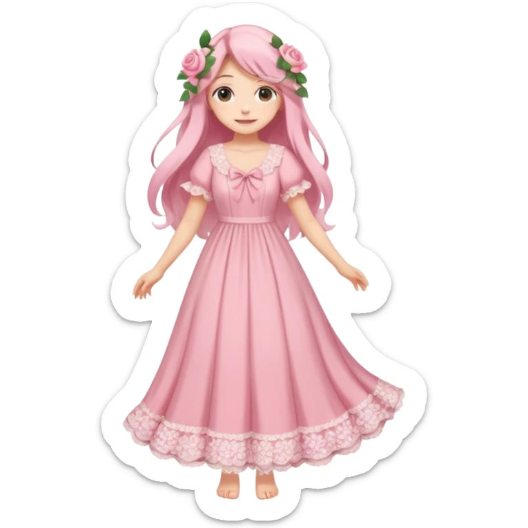 pastel anime woman with pink and white lace cottage dress full body and long hair with roses sticker