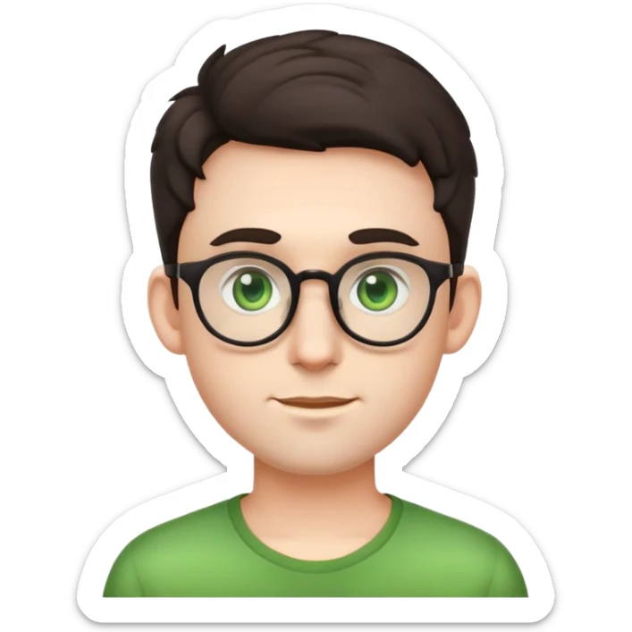 young male emoji with youthful face, poofier slightly curly dark hair, big ears, pale skin, glasses, green eyes set wider apart, very light stubble sticker