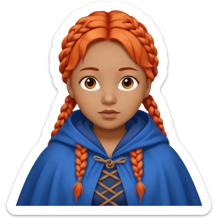 red orange braids hair girl, tan skin, fat, wear blue cloak sticker