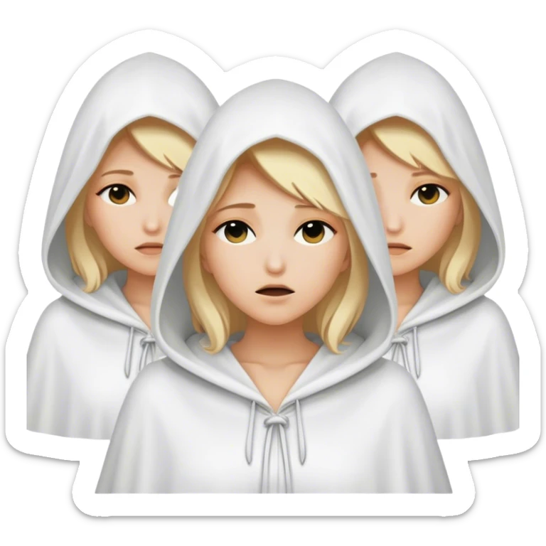 3 mysterious women with blonde hair  in white hooded cloaks that cover their eyes sticker