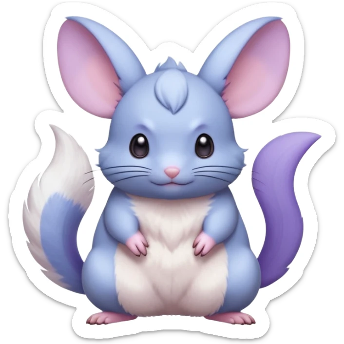 Light-pastel-blue rodent-chinchilla-Minccino-Pachirisu- Pokémon-Fakémon-fusion-hybrid-Pokémon-animal-creature, full body with purple-violet-pinkish round cheek markings  sticker