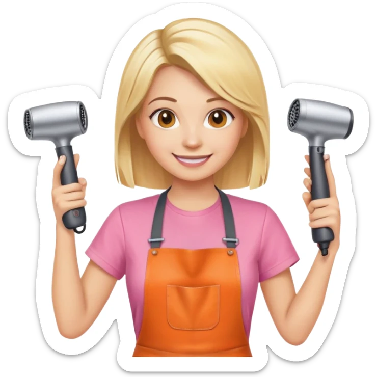 smiling blonde woman hairstylist wearing pink t-shirt and orange apron, hands raised, holding scissors and hairdryer sticker