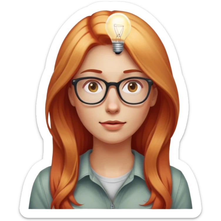intelligent and clever, 30 year old, girl, long red and almost blond hair, glasses, has an brillant idea, light bulb over the head, casual cloth  sticker