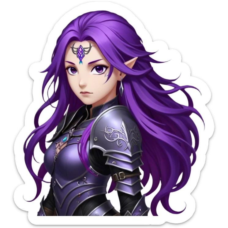 A mysterious warrior girl with long, flowing purple hair cascading down her back, strands catching the dim light like silk. Her piercing violet eyes glow. She wears sleek black armor, a perfect fusion of elegance and lethality, adorned with intricate silver engravings resembling ancient runes.  sticker