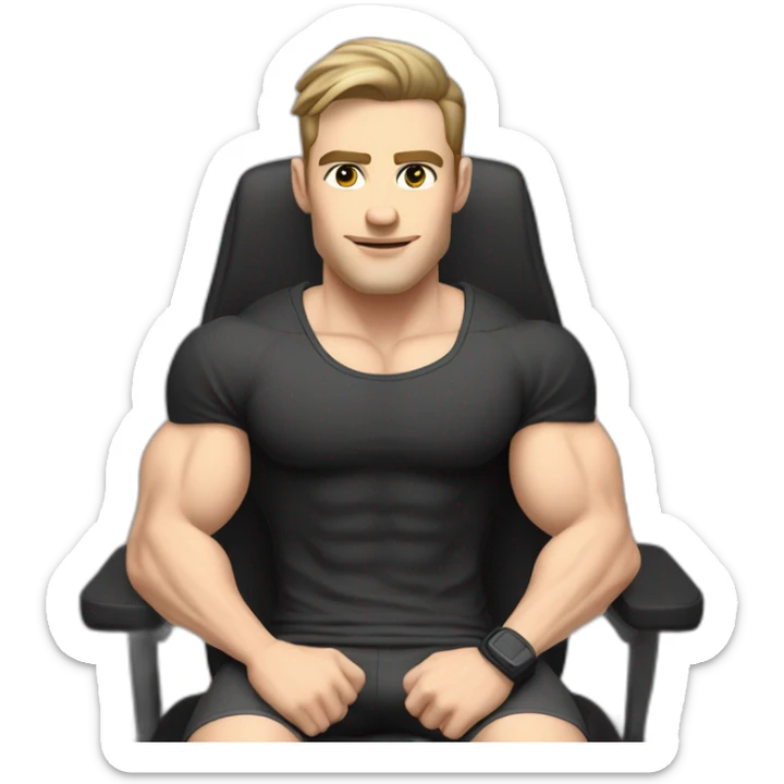 Pale skinned Fit Man With the biceps and dark brown hair in black shirt, gray sports shorts and white Sneakers Sitting on a chair sticker