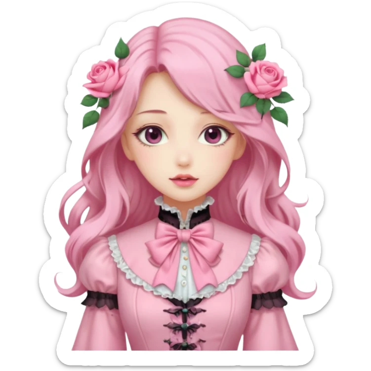 Gorgeous pastel anime lady with long hair and pink victorian style clothes and roses sticker