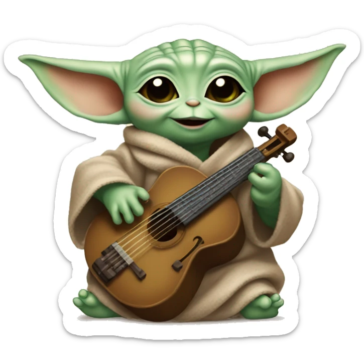 Baby Yoda with hearts around the head 💖 - shows love for his instrument or gadget, smiles happily. sticker