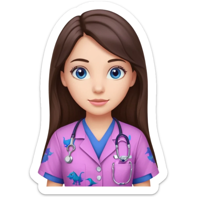 pretty brunette nurse with long hair and blue eyes in pink and purple dinosaur pattern scrubs sticker