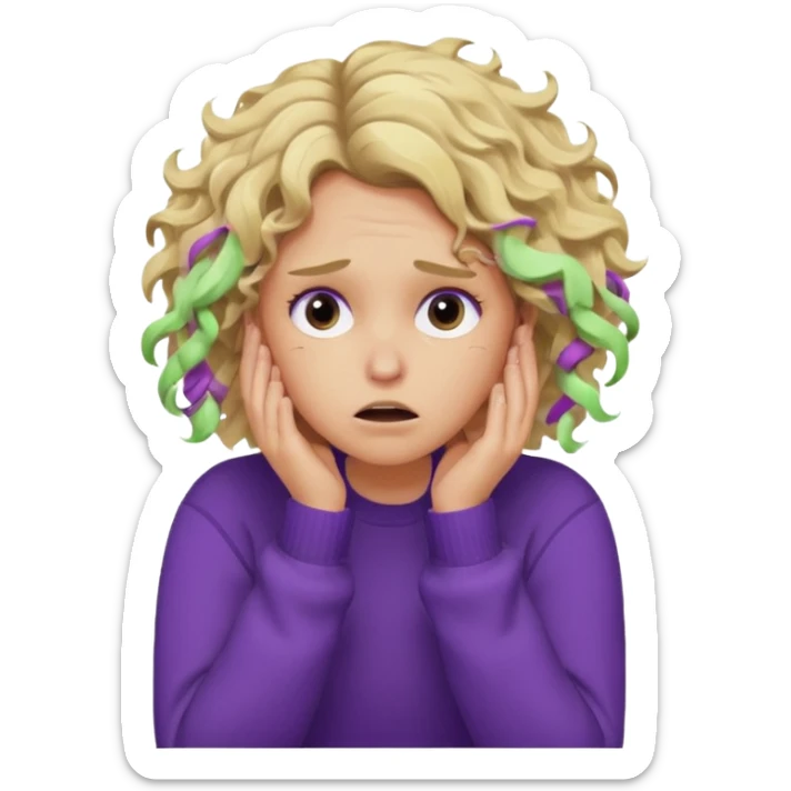 Emoji-style illustration of a frustrated young woman, messy curly tousled blonde hair, wearing a purple sweater, holding her face in her hands, expressing annoyance and disappointment, cartoonish, expressive, simple lines, flat colors, clear silhouette,  sticker