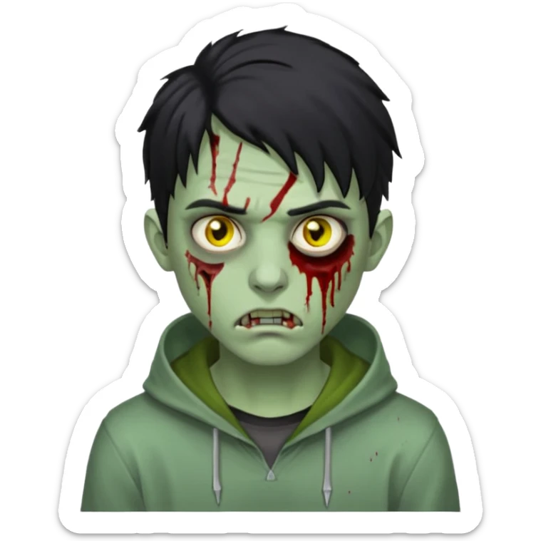 WhatsApp emoji-style zombie, young man, pale green skin, yellowish eyes with dark circles, medium-length messy black hair, blood tears, silver eyebrow piercing, nose ring, hoodie, realistic jawline, straight eyebrows, serious and sharp expression sticker