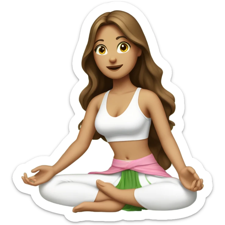 A girl with brown long hair, fair skin and green eyes is sitting in a lotus position in a white bra top and pink skirts sticker