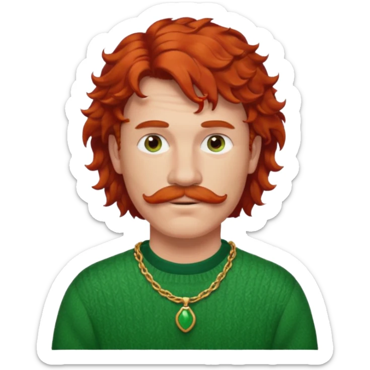 curly red-haired man with a mullet and mustache, green sweater, red necklace sticker