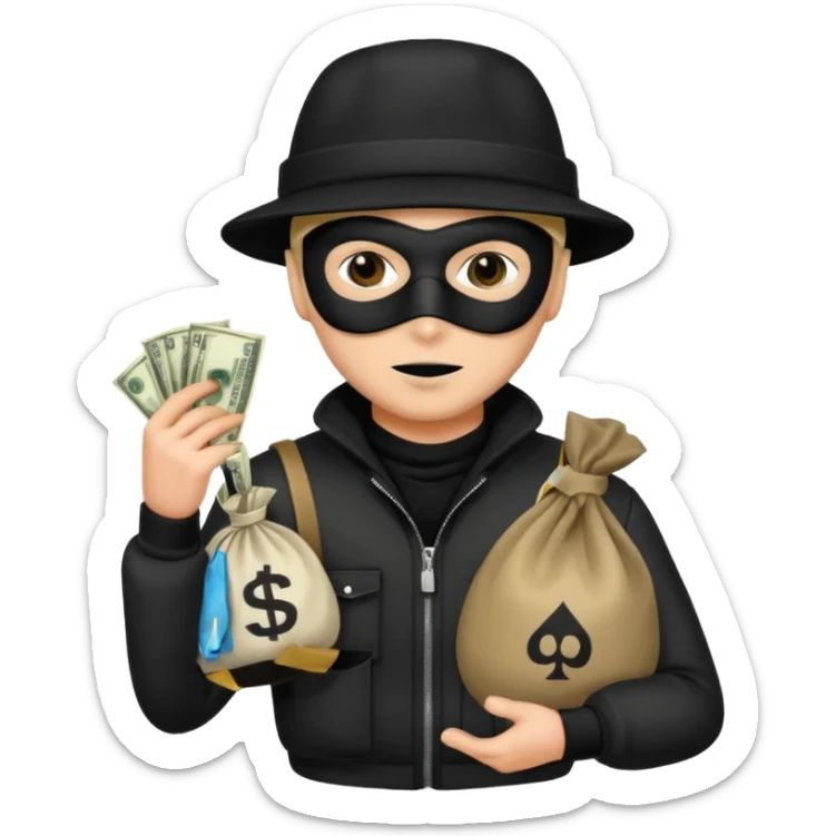 A emoji of a person wearing a robber outfit and a black hat and a black mask and a Money Bag sticker