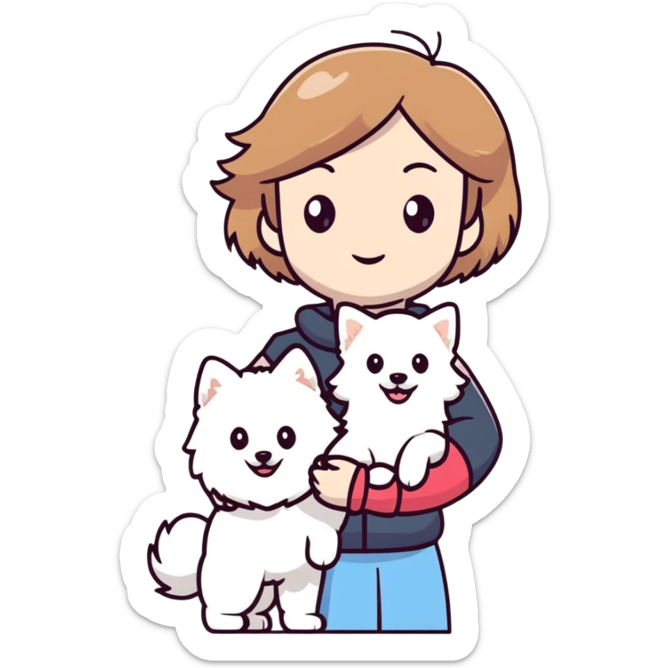 light brown hair girl with pale skin holding a white Japanese spitz dog sticker