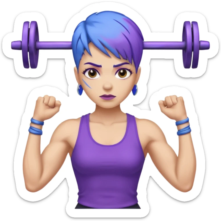 weight lift woman short blue purple har muscles bar is not growing from head sticker