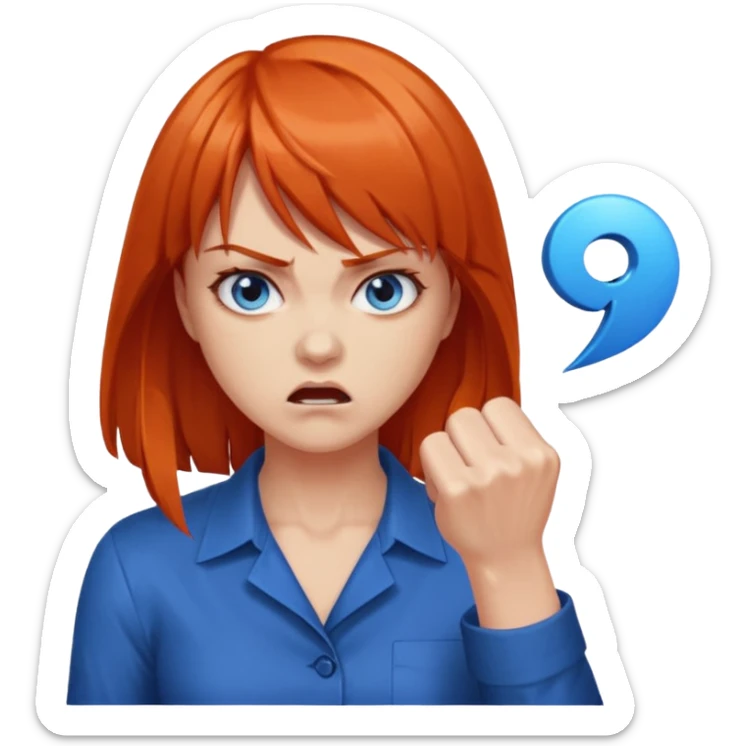 A woman with dark orange hair and bangs, blue eyes, an asmr streamer, angry, clenching his fist sticker
