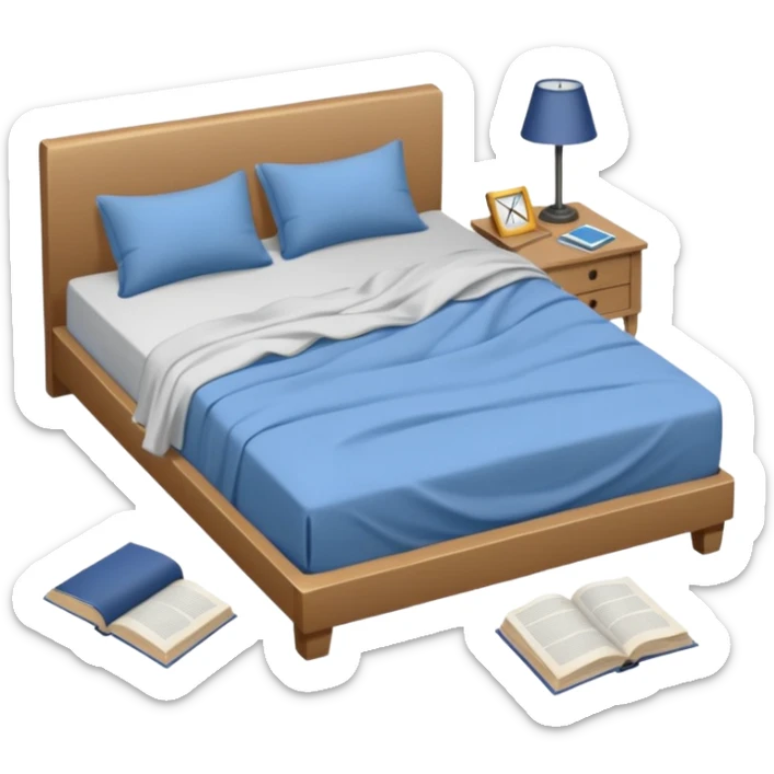 messy bed with a wrinkled blanket, the pillow out of place on the floor. Around the bed, scattered items include a t-shirt, pants, and an open book on the floor. sticker