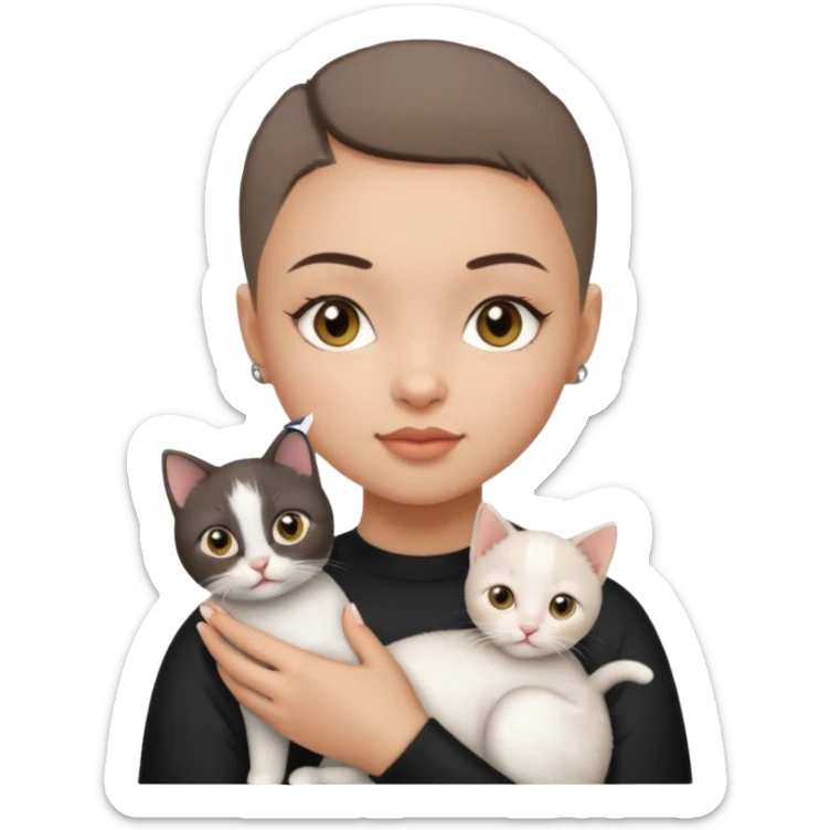 HAZEL EYES , BLACK BUZZ CUT LIGHT SKIN ROUND FACE GIRL hold kitten white  sticker