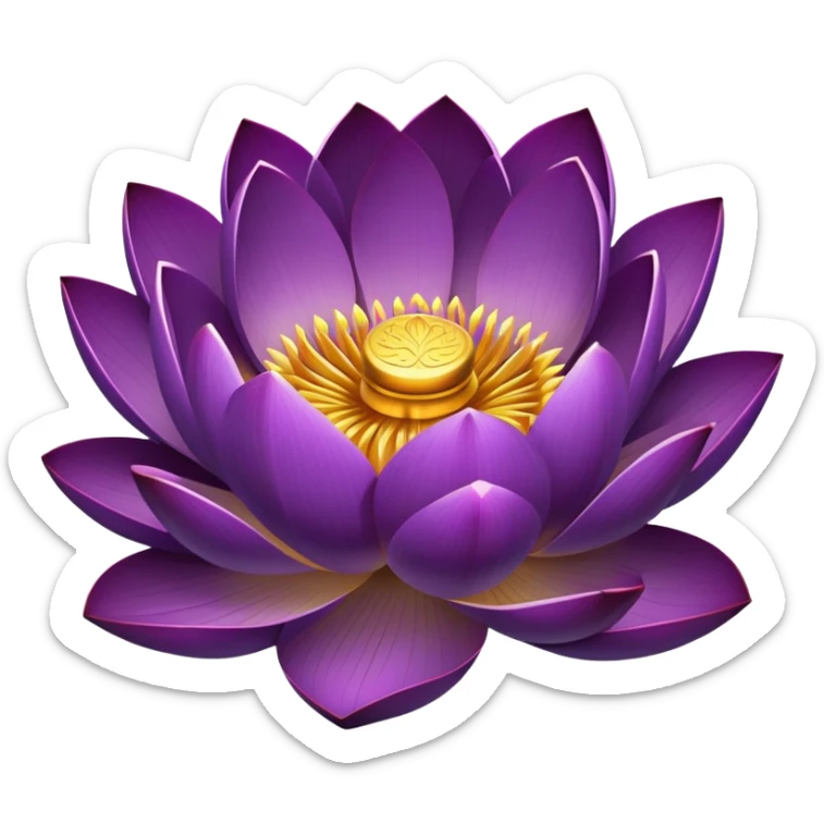 Elegant purple lotus flower with rich violet petals and golden center, accompanied by botanically accurate lotus leaf with distinctive notch and upturned edges sticker