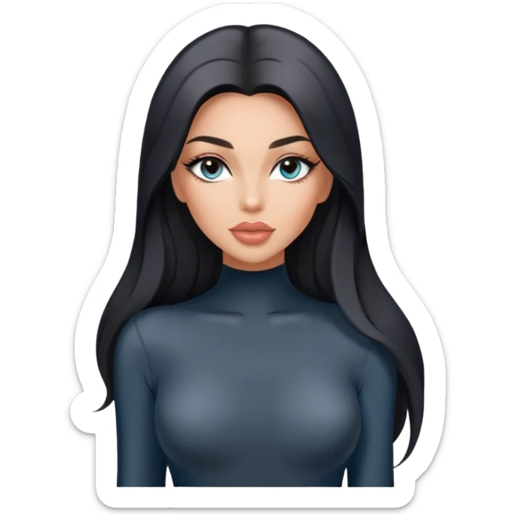 Glamours, tanned, very beautiful girl, with big pump peach-beige-rose lips, long long lashes, black straight smooth silky long hair, straight parting hair, blue-grey eyes in black long-sleeves bodysuit sticker