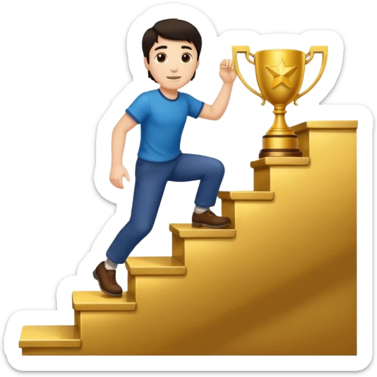 UN HOMBRE DE PIEL CLARA Y PELO OSCURO SUBIENDO ESCALERAS PARA ALCANZAR UN TROFEO sticker