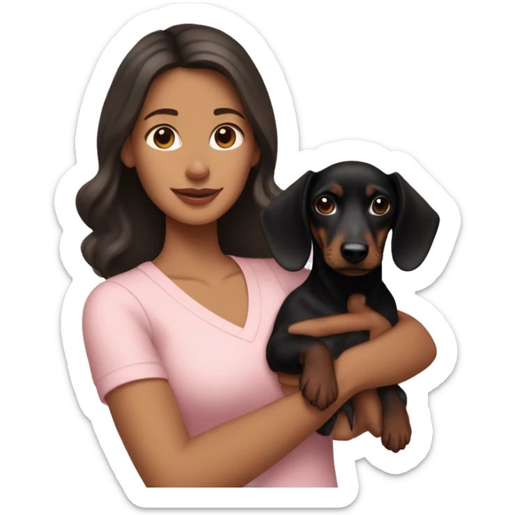 a brunette woman in a light pink shirt, with light skin, holding black dachshund puppy in her arms sticker