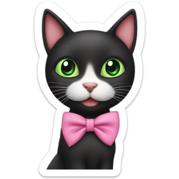 black cat with green eyes holding a pink hair tie in mouth sticker
