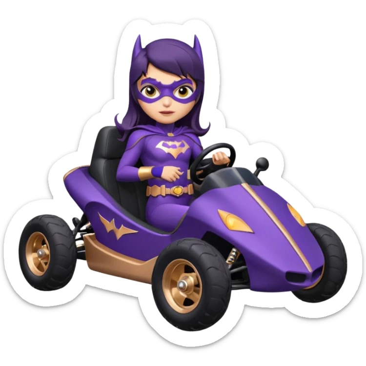 Hot full size real-appearance retro electric racing action BatGirl’s feminine midnight-purple tight outfit sixty’s tv show 1992 stealthy retro sporty safe plush petite off-road pursuit cruiser car rose gold accents (black hair,reclined and relaxed torso seating position) go kart  sticker