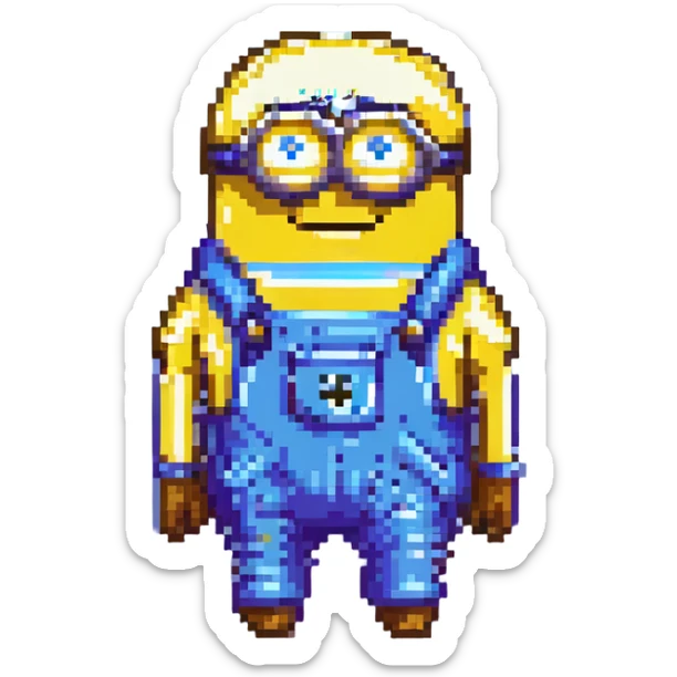happy Minion pixel art character, classic yellow body, blue overalls, one eye sticker