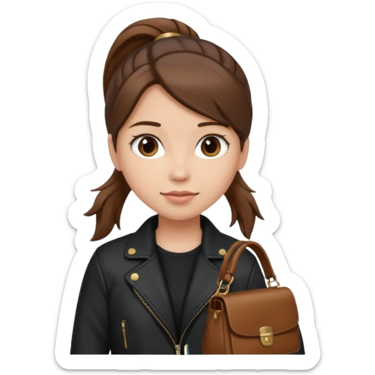 A girl with a pony tail brown hair and white ish skin with a black jacket and a brown purse sticker