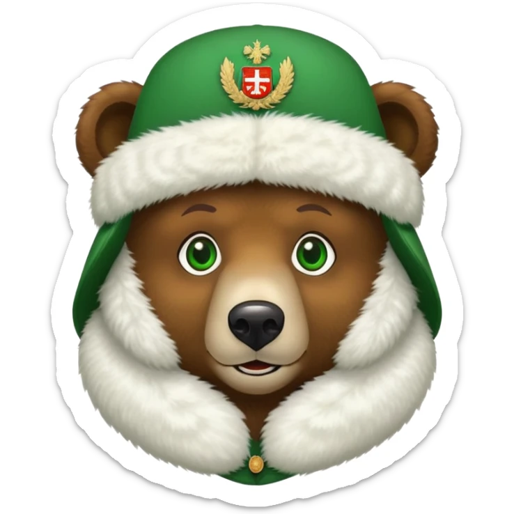 Sweet brown bear face with green eyes, white fluffy ushanka hat with very visible Russian Federation coat of arms in center, iOS emoji style sticker