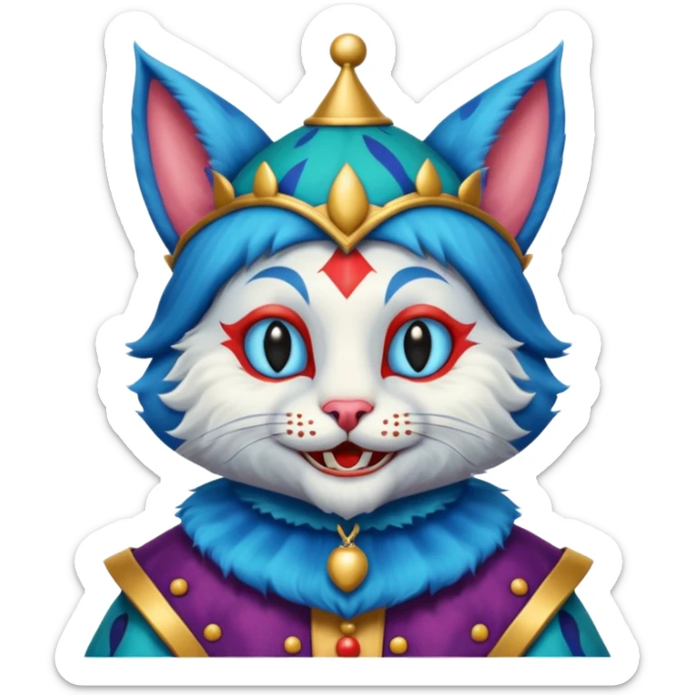 crazy colorful cute little cat jolly joker, medieval, vintage, court jester, mac os icon, blue color sticker