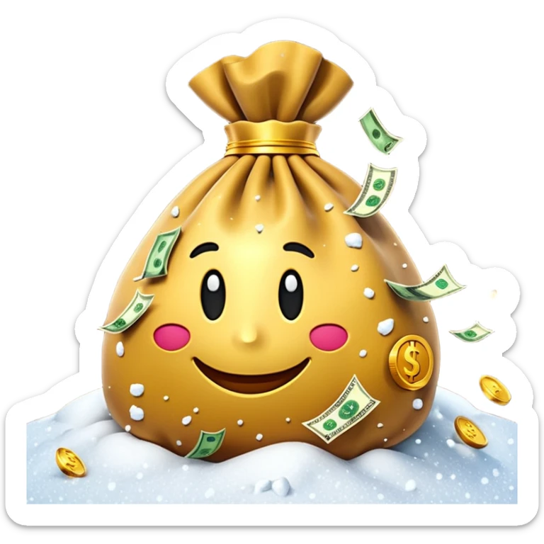 3D emoji style, money bag with dollar bills, New Year theme, snow particles, festive lighting, rich vibe, high detail, transparent background

 sticker