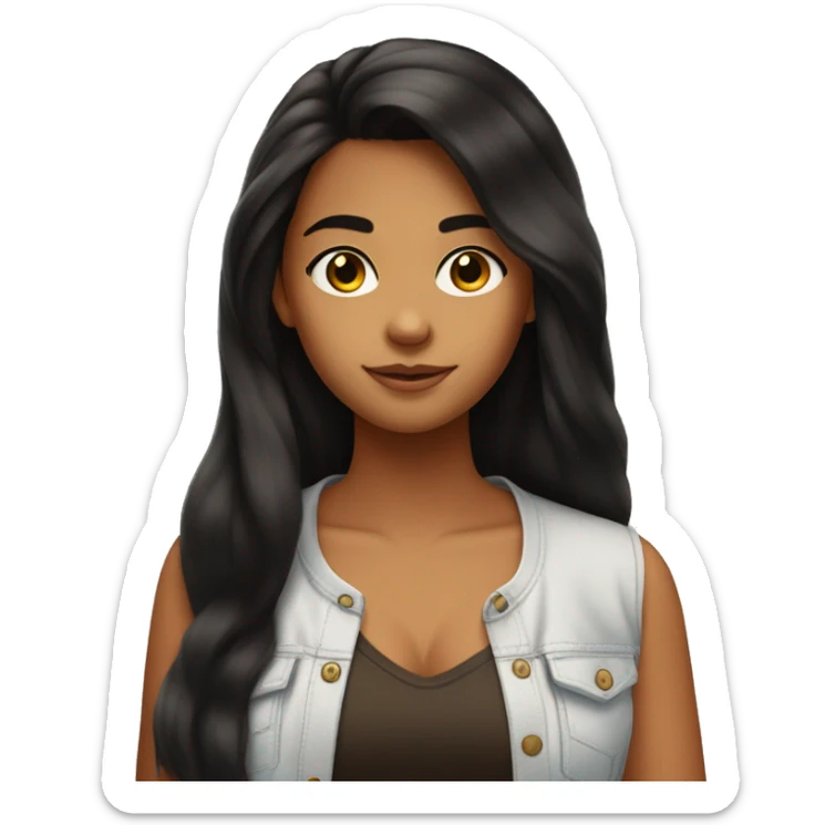 A teenage girl with tanned skin, long black hair down to her chest, which is fluffy hair, writing sticker