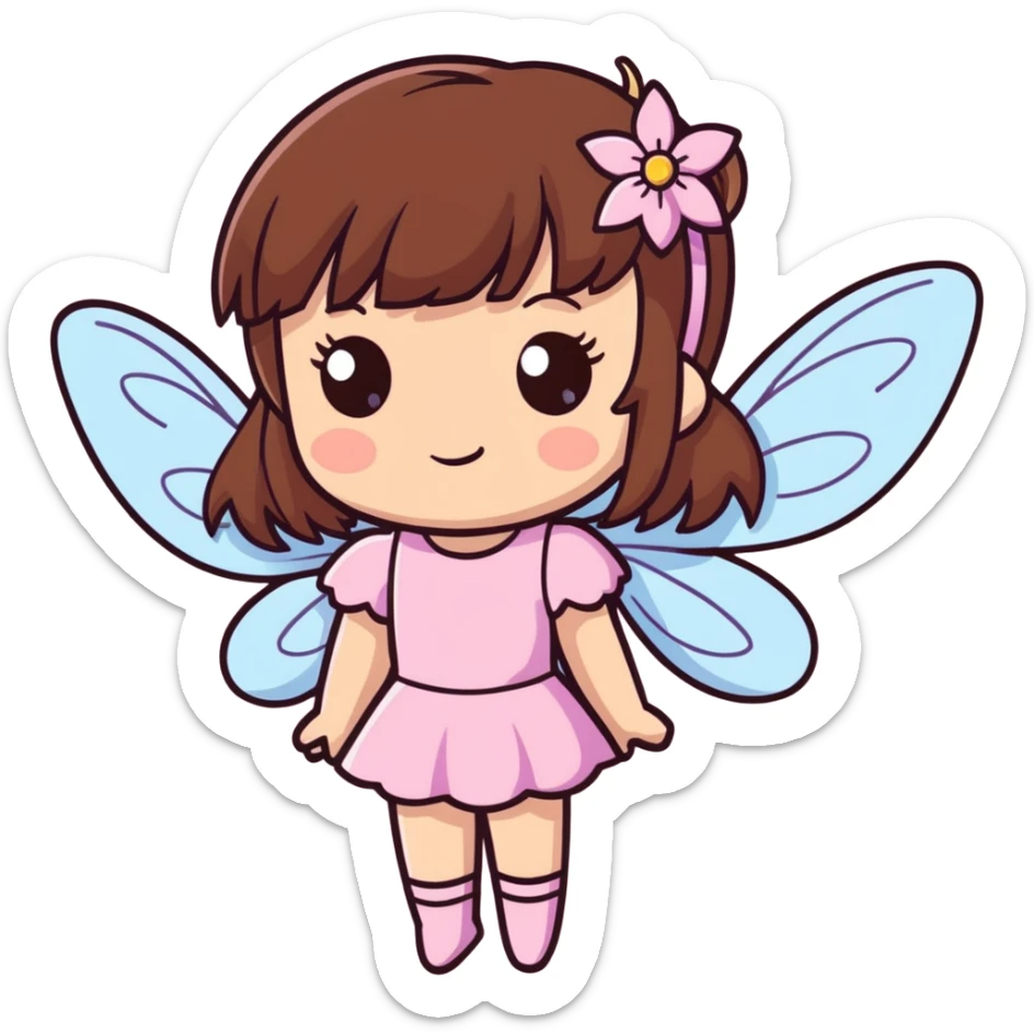 Beautiful fairy girl with brown hair and bangs and brown eyes and wearing pink and sparkles sticker