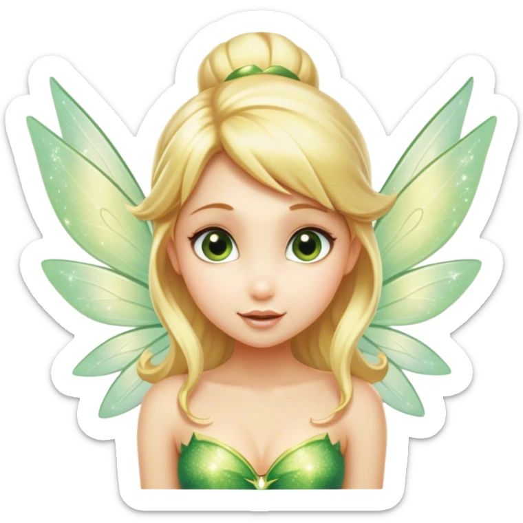 Cinematic Realistic Blonde Tinker Bell Fairy Portrait, head tilted playfully and inquisitively, showcasing a delicate pixie form with finely detailed, golden blonde hair and softly glowing, translucent wings that catch the light with a cascade of fairy dust. Her bright, curious eyes sparkle with mischief and wonder, rendered with lifelike clarity and warm, gentle lighting that captures the essence of a spirited, charming fairy ready to flutter playfully into your heart. sticker