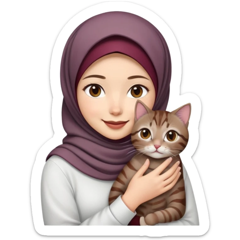 Asian white Girl wearing dark maroon hijab with white shirt smiling while holding a black brown grey tabby cat sticker