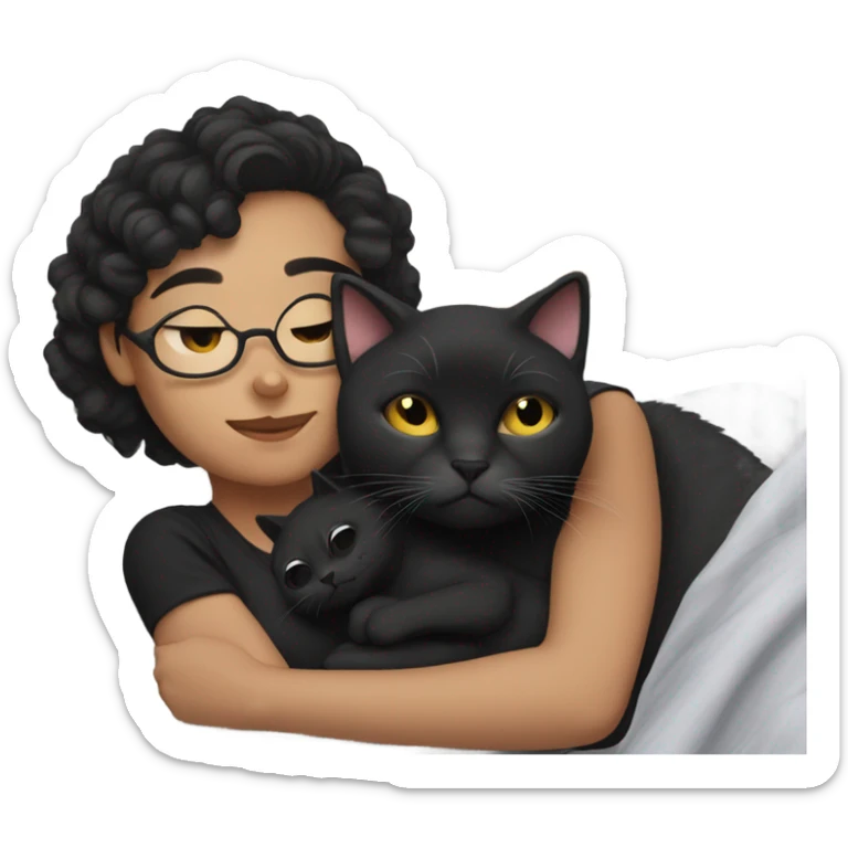 Pale white young woman with short dark curly hair with glasses cuddling, sleeping in bed with one black cat sticker