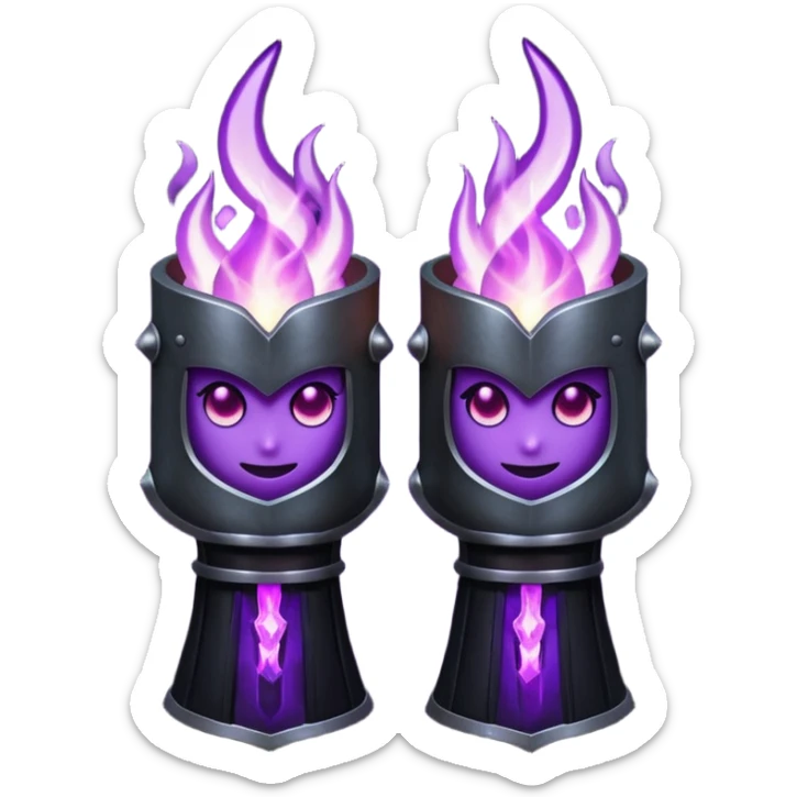 A Discord emoji of a pair of black armored gauntlets holding a flickering violet flame. The hands are positioned as if offering a gift. Dark gothic fantasy, glowing magical effects, high contrast, 2D vector style, white background. sticker