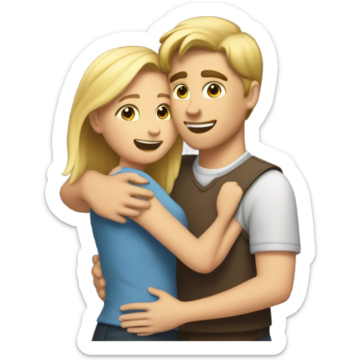The girl hugs the guy. The girl has brown hair, and the guy has blonde hair. sticker