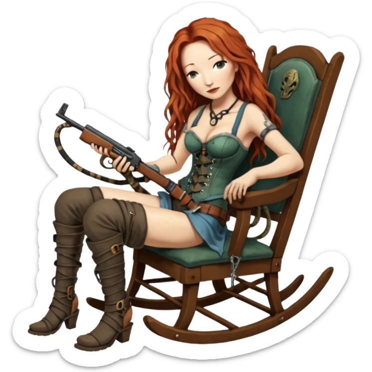 solarpunk ultra HD very old and tired Tori Amos casually crouches on a rocking chair in a torn corset, holding a lintlock double-barreled rifle and with muddy feet. a bronze snake wrapped itself around the chair sticker