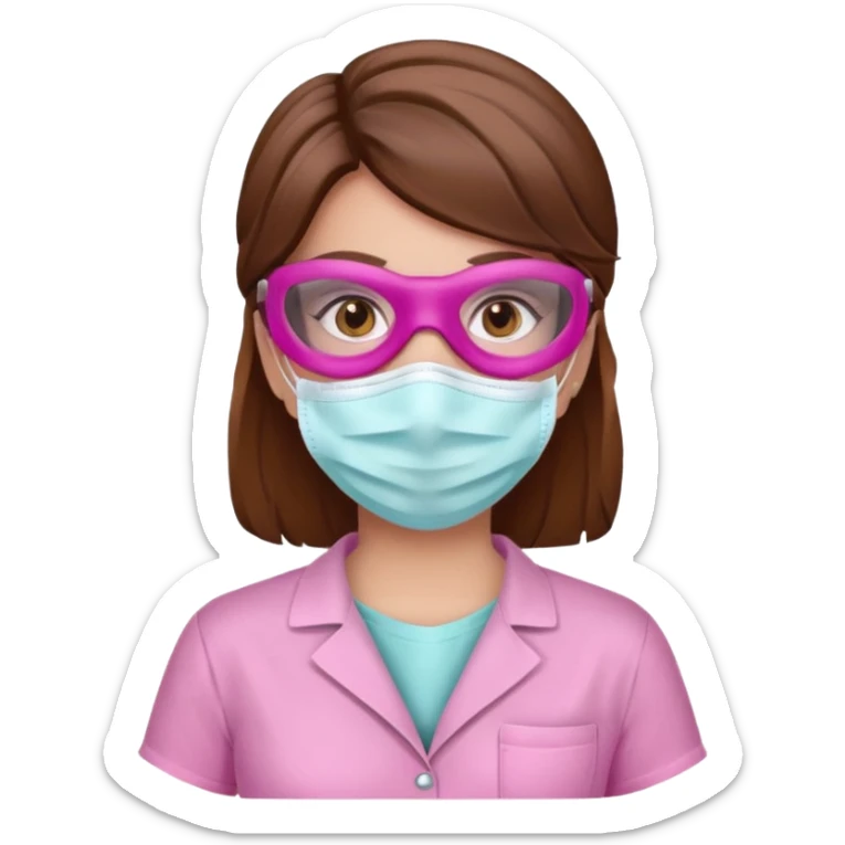 Dentista mujer con mascarilla rosada, cabellos marron, piel blanca, camisa rosada, ojos marrones sticker