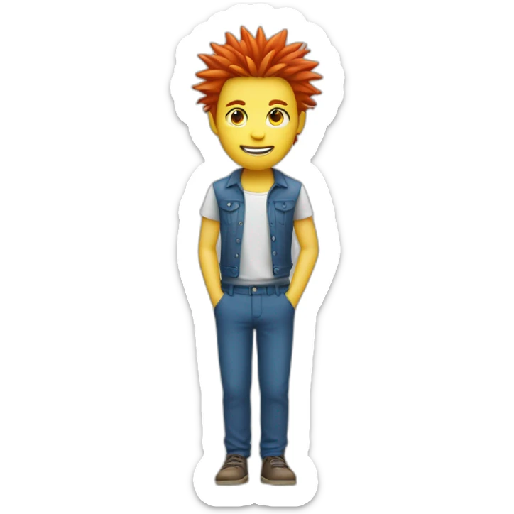 The person wears yellow, has spiky red hair, white skin, and blue eyes and pants sticker
