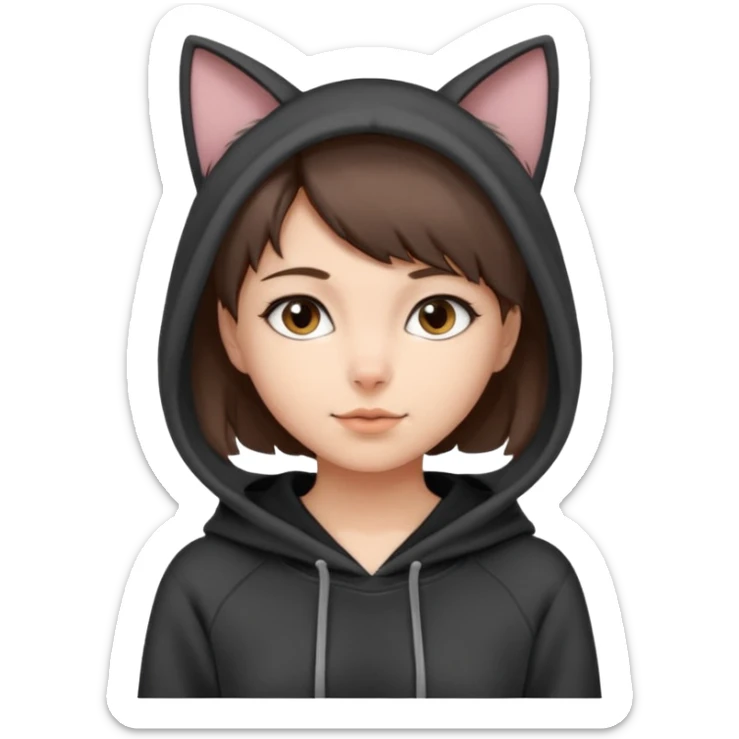 a girl with short brown hair, grey cat ears and a tail, with a black hoodie on  sticker
