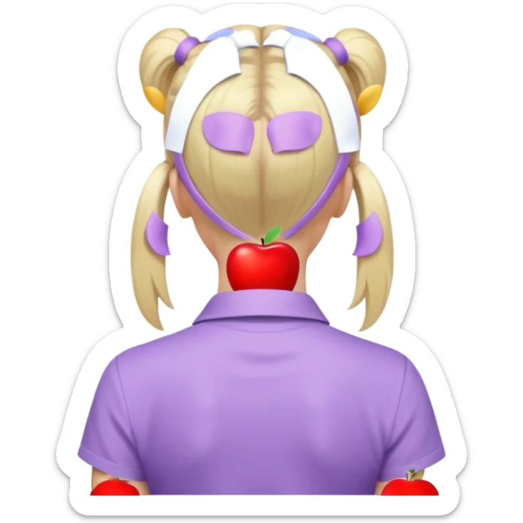 back view of a person with a high light blonde ponytail, wearing a pastel purple shirt, iOS Apple emoji style sticker