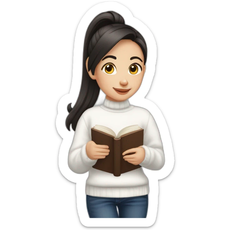 dark haired girl with a pony tail, wearing a white sweater with a new year ornament, in dark blue jeans. She is holding a book of English grammar in her hands. sticker