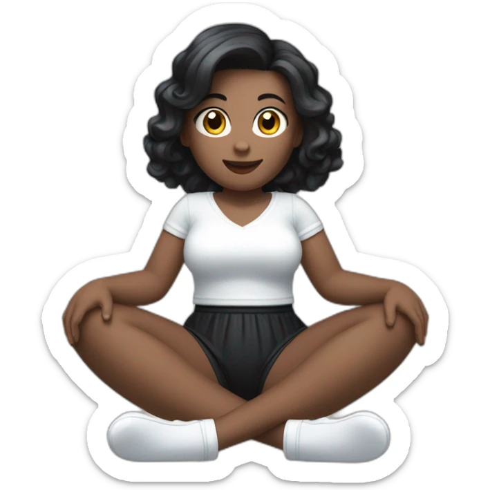 Front view full body curvy caucasian beauty sitting straight hands up black skirt white knickers white socks sticker