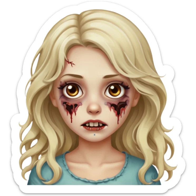 Emoji de menina zumbi bonita, cabelo longo, ondulado, castanho quase loiro, olhos castanhos  sticker